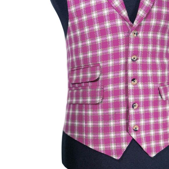 Mens Plaid Vest 42R Pink White Lambswool Waistcoat Formal Wedding Prom Party - Picture 7 of 10